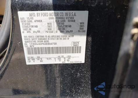 2003 Ford Excursion Limited z USA, uszkodzony, nr VIN 1FMSU43P63EB66720